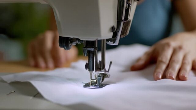 Threads of Creation: A detailed view of a sewing machine in action, meticulously crafting fabric with precision and skill, emphasizing the artistry of textile creation and hands-on craftsmanship.