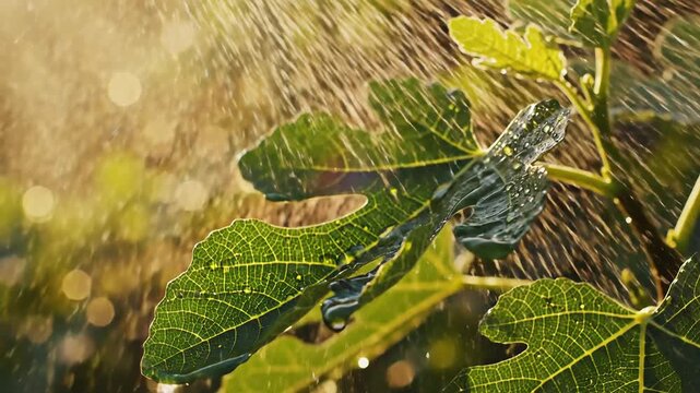 Watering fig tree leaves in sunlight, close-up, refreshing nature, growth, summer garden