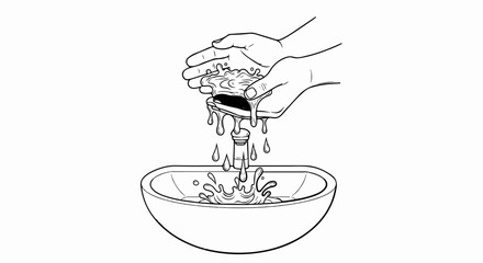 Obraz premium Two hands holding a bar of soap under a running faucet, dripping into a sink