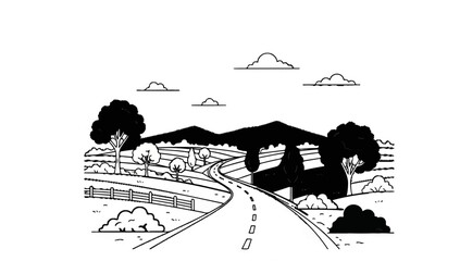 Obraz premium Winding rural road leads through rolling hills, fields, and trees towards mountains