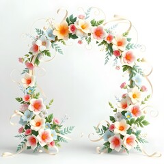 Fototapeta premium Elegant Peach Rose Floral Arch Illustration with Green Leaves and Soft Ribbons, Romantic Wedding Frame, Botanical Flower Garland Isolated on White Background, Luxury Pastel Floral Decoration Design