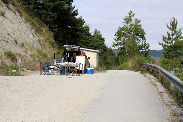People selling food and drinks for pilgrims along Camino de Santiago Route  toward Pamplona Navarra...