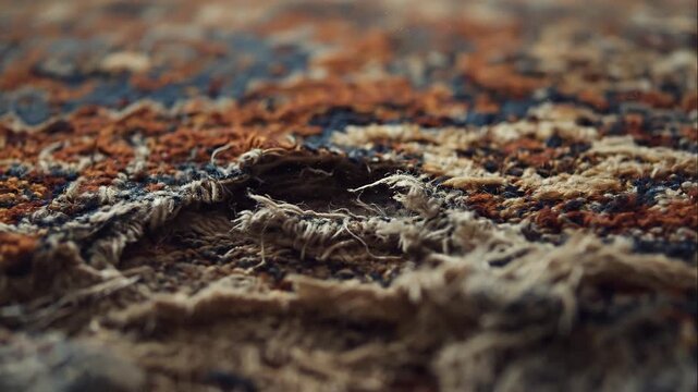 Torn, worn rug with frayed edges and distressed texture
