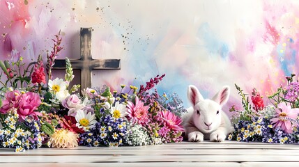 Dramatic Bunny Near Cross, Watercolor Art, Abstract Easter Symbolism