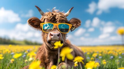 Highland Cow in Sunglasses on Daisy Meadow, Bright Summer Landscape