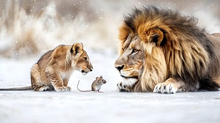Lion Cub and Mouse Meeting in Winter Wonderland, Family Concept, Hyperrealistic