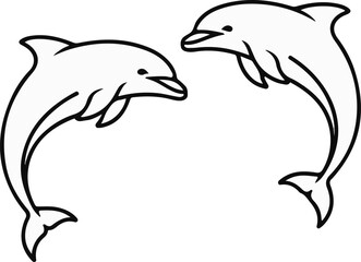 Fototapeta premium Two playful dolphins leaping together, rendered in a simple black and white line drawing