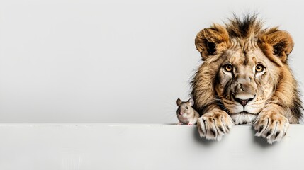 Lion and Mouse Together on White Background, Friendship Concept, Hyperrealistic