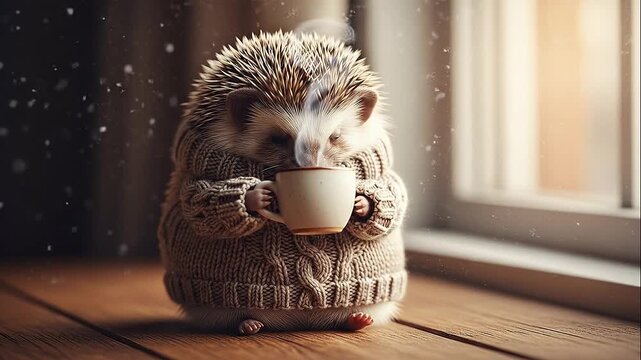 Adorable hedgehog in sweater holding a mug near window