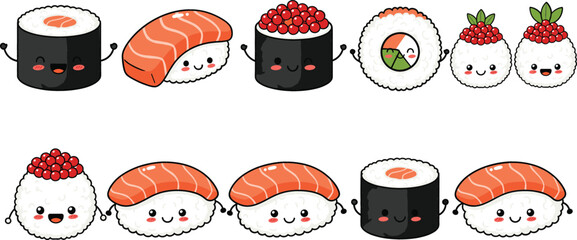 Cute kawaii sushi character collection featuring smiling nigiri maki and uramaki rolls with salmon and roe for Japanese food stickers and menu design. © MdEmdadul