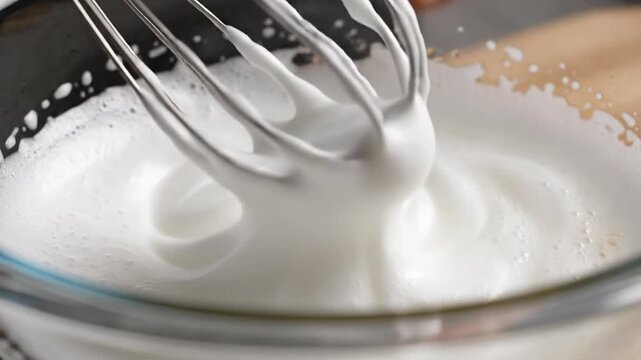 Whisking egg whites into stiff peaks for baking, close-up