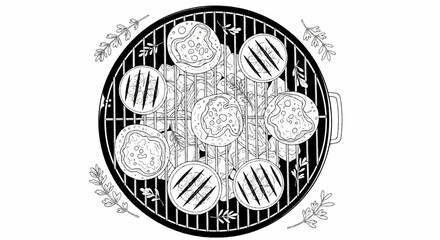 Obraz premium Top-down view of a round grill with various food items cooking on the grates