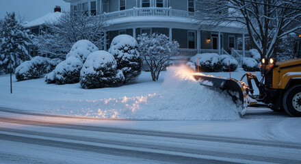 Yellow snowplow clearing a residential street during winter. Snow removal truck pushing snow in a suburban neighborhood at dusk. Winter road maintenance service