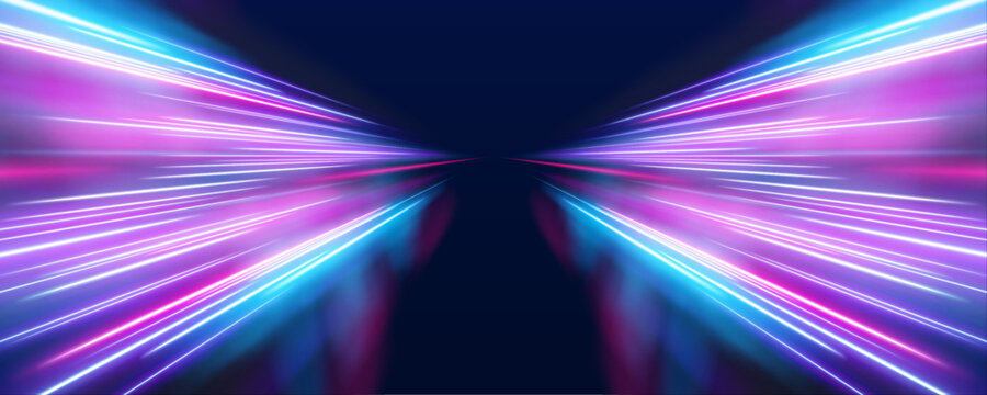 Abstract neon waves stretch forward, suggesting acceleration and endless motion. Bright particles enhance depth and direction. Ideal for modern tech backgrounds.