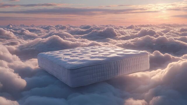 Clouds surround a mattress floating in the sky during sunset, creating a surreal scene of a bed above the clouds at twilight
