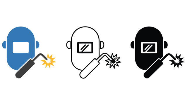 Welding mask and torch with sparks icon set.