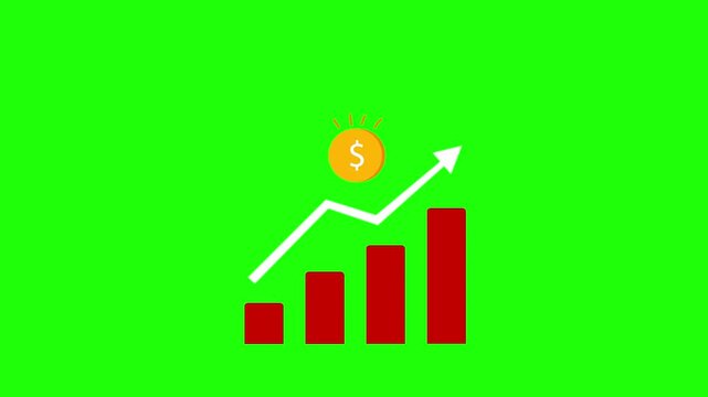 Business Growth Bar Chart Animation with Upward Arrow on Green Screen