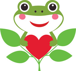 Fototapeta premium funny frog with heart in hand, leaves in green color, red heart