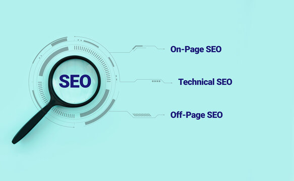 Magnifying glass highlighting SEO concept with on-page, technical and off-page elements, representing search optimization strategy and digital marketing.
