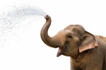 Naklejka premium Adult elephant spraying fine mist of water from trunk droplets frozen midair dynamic wildlife freshness concept side profile high key studio isolated on white