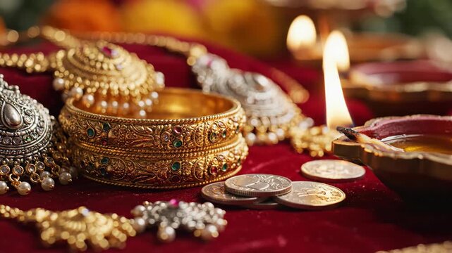 Elegant Indian Jewelry Display Featuring Gold and Silver Bangles, Earrings, and Traditional Accessories for Festive Occasions