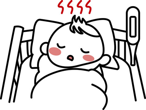 Sick newborn baby with fever lying in bed feeling unwell and tired with red cheeks and heat waves above head showing illness