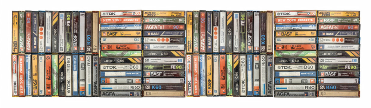 Sibiu, Romania - October 07, 2024. Top view of a collection of old vintage retro audio tape cassettes