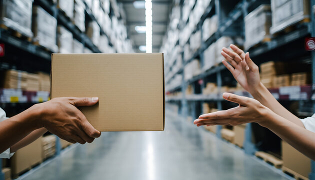 Warehouse worker hands over package to another person in a logistics center.
