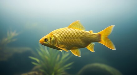 Golden goldfish floats peacefully in hazy aquatic environment with soft green aquatic plants and subtle light rays filtering from above, creating serene underwater atmosphere