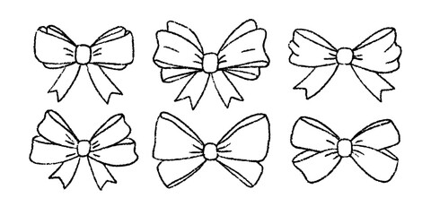 Cute black and white coquette bows and knotted ribbons with grunge texture. Various bows in whimsical style hand drawn with crayon. Outline girly vintage accessories isolated on a white background