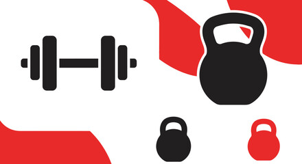 Set of fitness equipment icons including dumbbell and kettlebells.