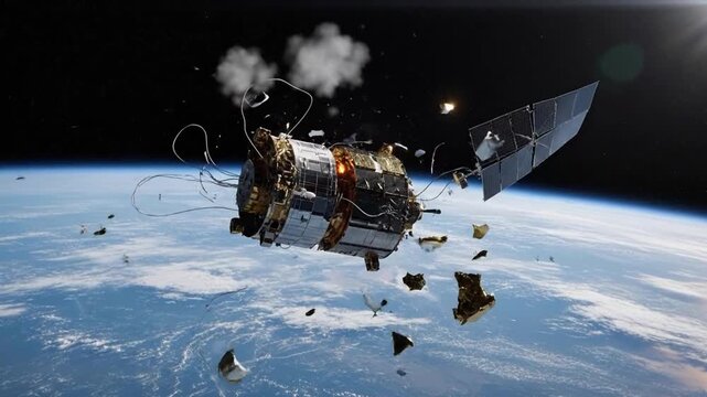 Satellite in Space Collides and Breaks Apart Exploding Parts Falling Toward Earth