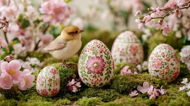 Decorated Easter eggs with floral patterns and small bird among pink blossoms on moss in spring garden scene