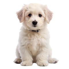 Obraz premium A cute and fluffy white puppy sitting attentively on a plain background