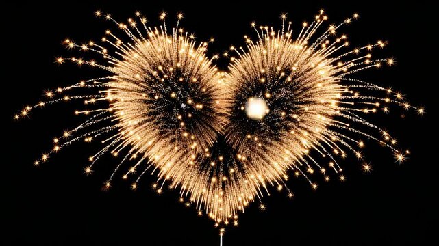 Golden fireworks in heart form bursting in night sky, symbolizing love, romance, and festive celebration