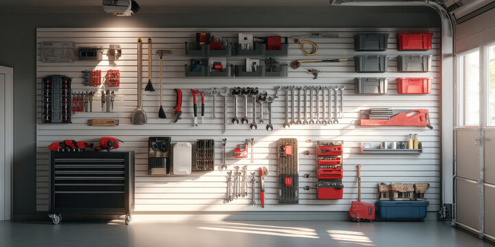 Fully organized modern garage interior with tools and comprehensive storage solutions.
