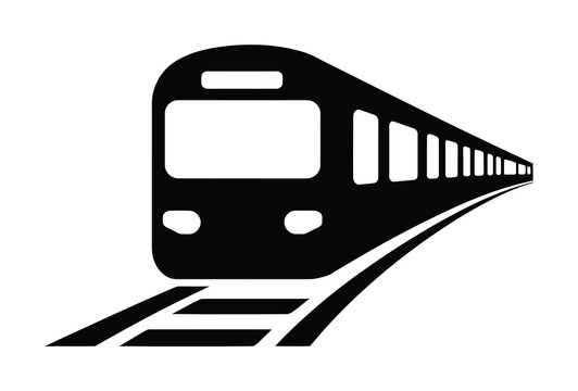 Sleek black vector train travels along the tracks in a straight line smoothly