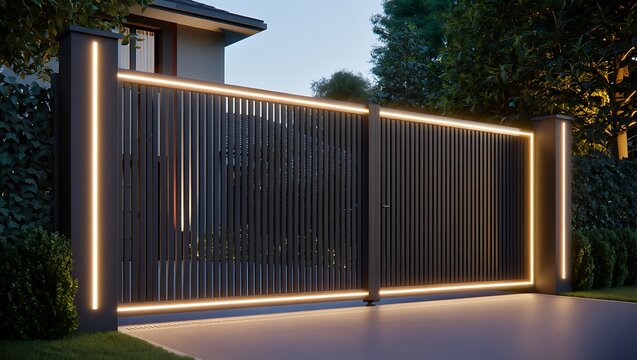 Automatic sliding entrance gate at night featuring modern luxury residential architecture, security design, illuminated driveway, private estate exterior, contemporary wooden gate, real estate concept