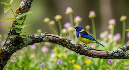 A vibrant blue and yellow bird perches serenely above a wildflower meadow.