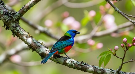 A magnificent multi-colored bird rests on a branch surrounded by pink blossoms.