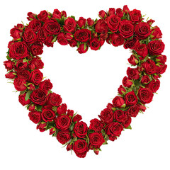 A heart-shaped arrangement of red roses on a png transparent