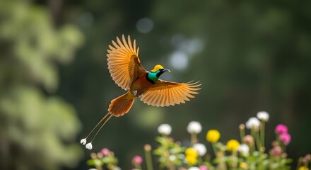 A vibrant bird of paradise gracefully flies over colorful flowers.