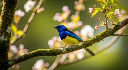 A splendid blue and yellow tanager perches on a moss-covered branch.