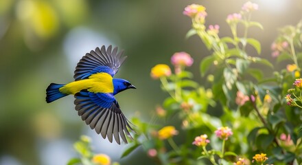 A vibrant blue and yellow bird soars gracefully through sunlit foliage.