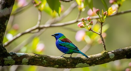 A striking blue, green, and red bird perches on a blooming tree.