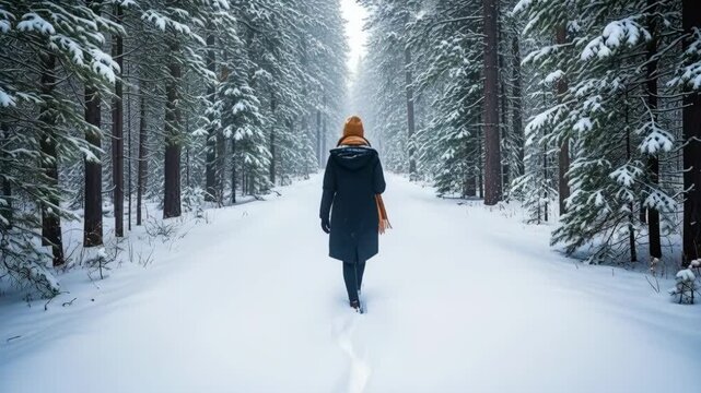 Rear view of a lone woman walking down a snowy path in a pine forest. Person in a dark parka and orange beanie hiking through a winter woodland landscape. Solitude and exploration concept