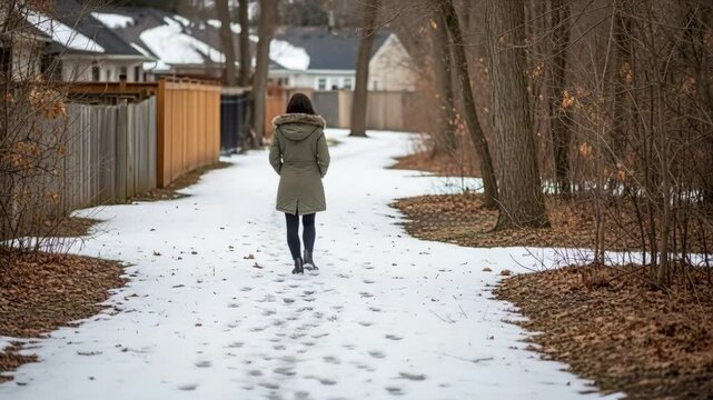Rear view of a woman walking on a snowy path in winter. Female in a green parka strolling through a suburban greenbelt during cold weather