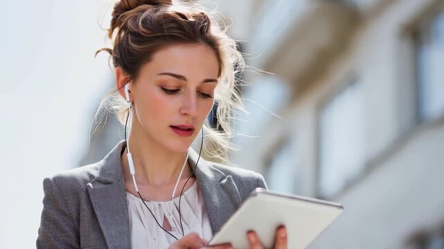Charming young business woman engaged with tablet device while listening to music in a bright urban setting during a sunny day