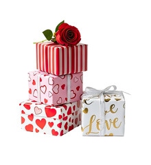 Stack of wrapped gifts with a red rose on top.