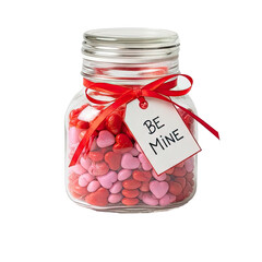 A jar filled with red and pink heart-shaped candies, tied with a red ribbon and a tag that says 'Be Mine'. The jar is transparent and has a png transparent